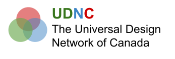 UDNC Logo described as 3 overlapping circles, red, yellow, and blue followed by the words in black which say The Universal Design Network of Canada in quotes